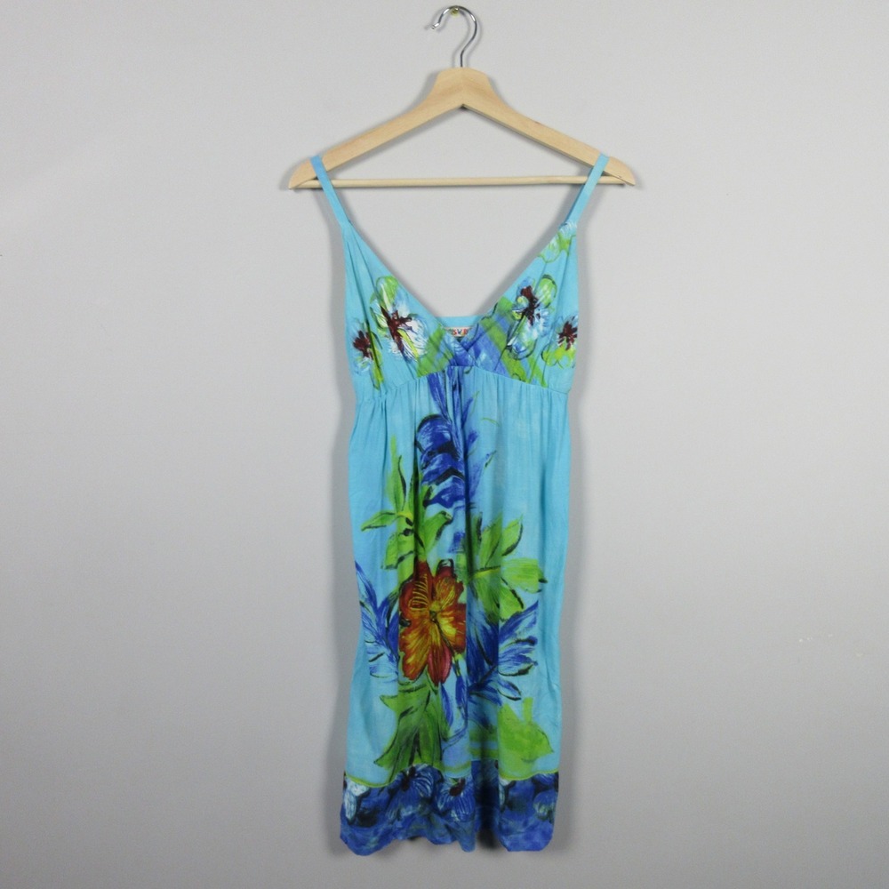 JAMS WORLD Vintage Blue Floral Rayon Mini Dress Size XS Retro Hawaii Tropical